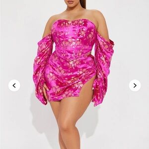 Metallic Gold Floral Hot Pink Satin Strapless Corset And Skirt Set